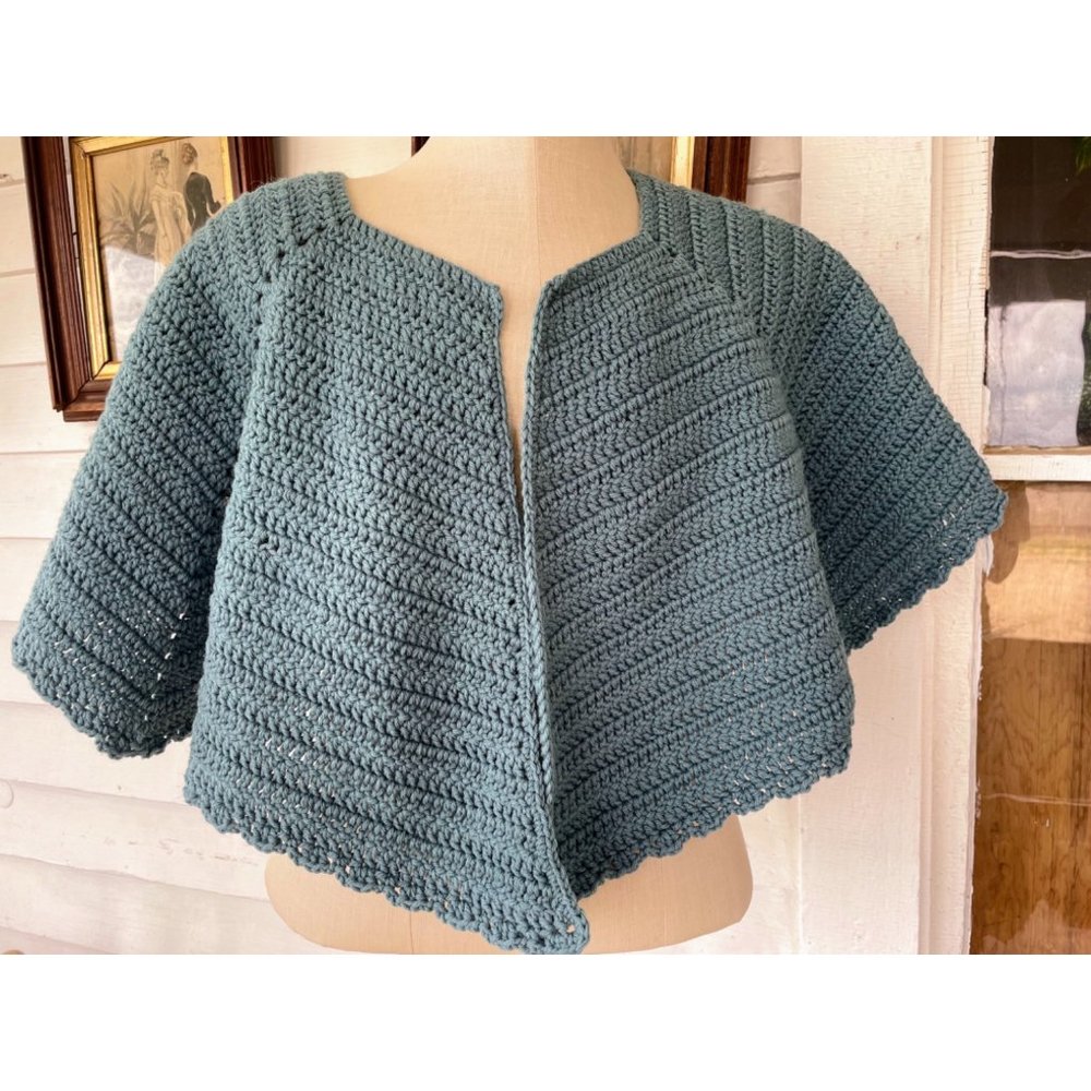 Vintage Blue Crochet Shawl Cape Boho Retro  One Size